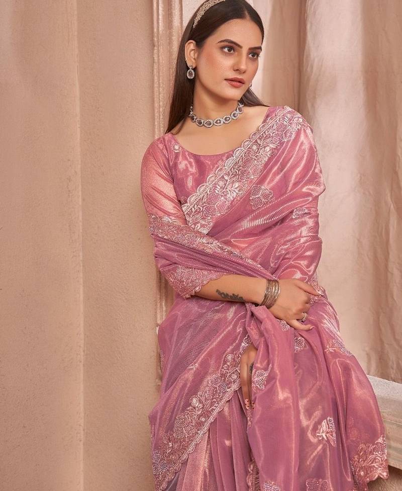 pink embellished embroidered organza saree