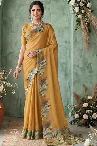 yellow poly chiffon saree