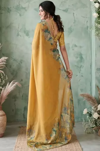 yellow poly chiffon saree