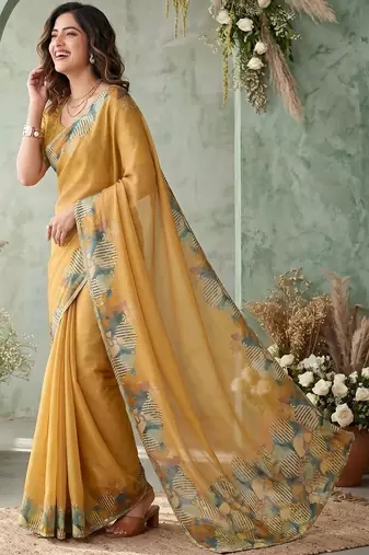 yellow poly chiffon saree