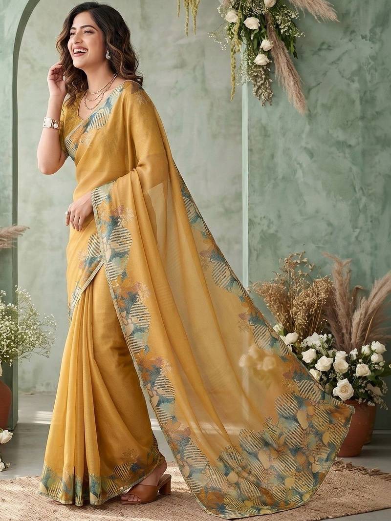 yellow poly chiffon saree