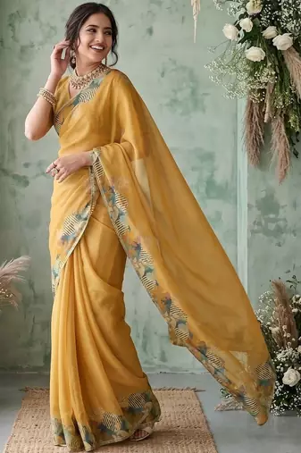yellow poly chiffon saree