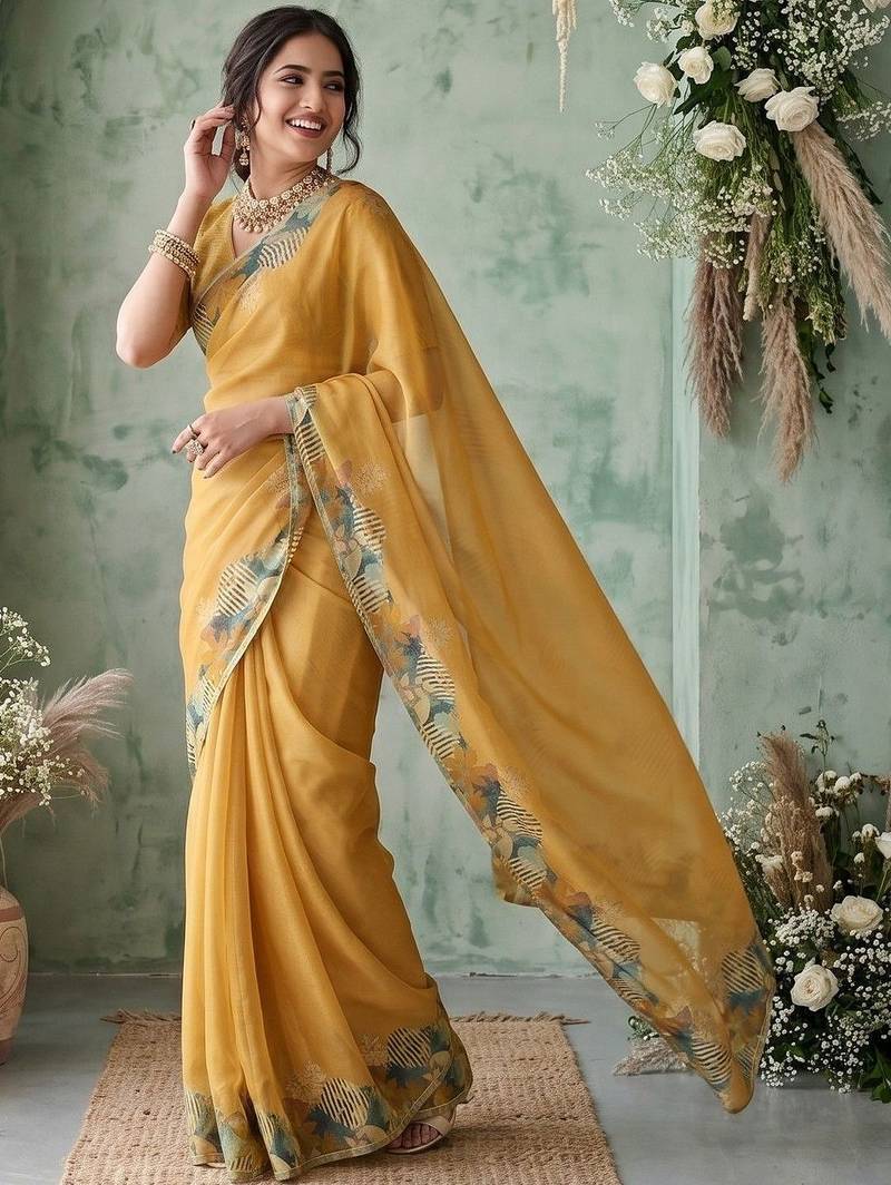 yellow poly chiffon saree