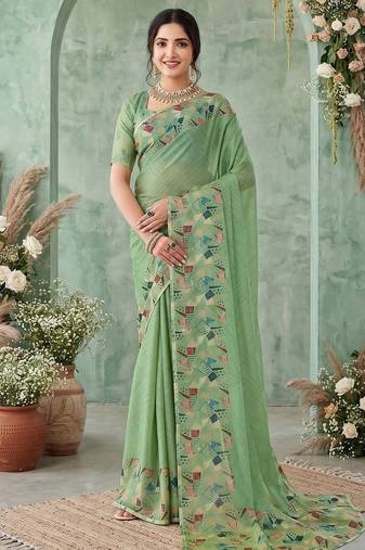 Sea green aari work poly chiffon saree