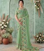 Sea green aari work poly chiffon saree