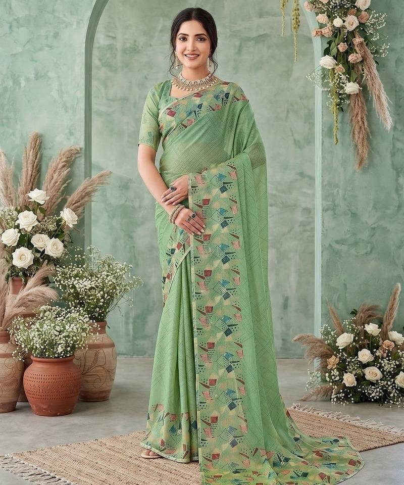 Sea green aari work poly chiffon saree