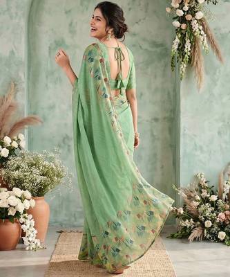 Sea green aari work poly chiffon saree 2