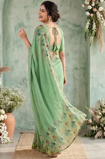 Sea green aari work poly chiffon saree