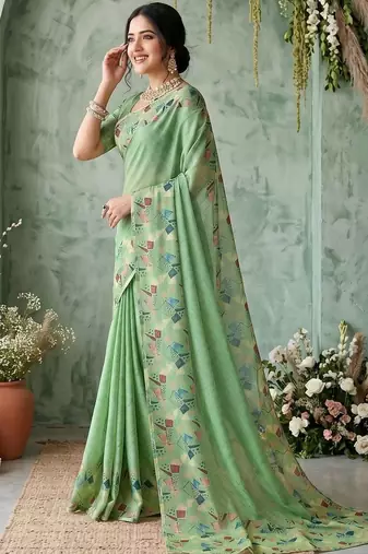Sea green aari work poly chiffon saree