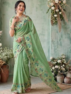 Sea green aari work poly chiffon saree 5