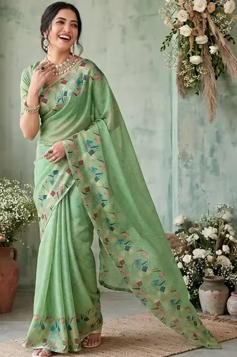 Sea green aari work poly chiffon saree