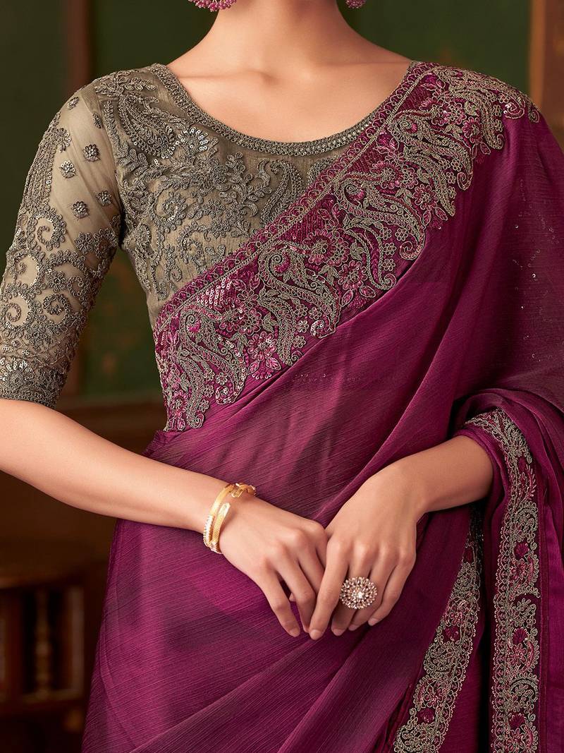 magenta embellished sequinned  saree
