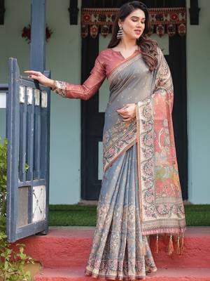 Grey ethnic motifs pure cotton handloom saree 1