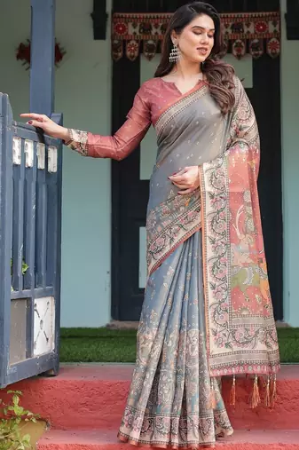 Grey ethnic motifs pure cotton handloom saree