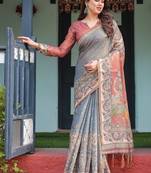 Grey ethnic motifs pure cotton handloom saree