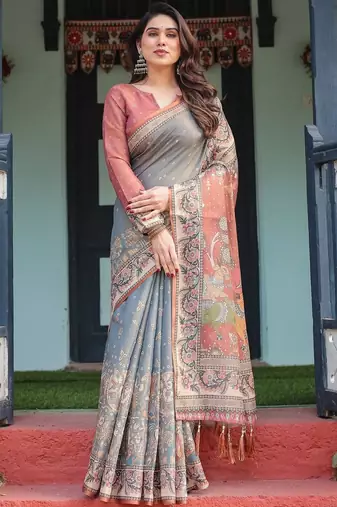 Grey ethnic motifs pure cotton handloom saree