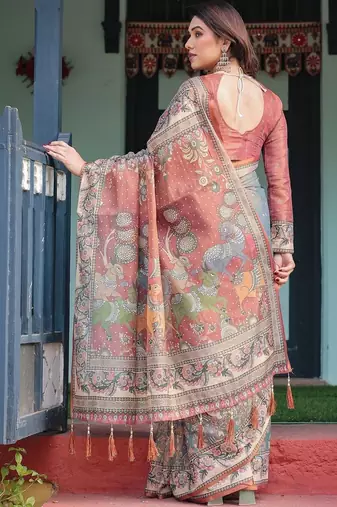 Grey ethnic motifs pure cotton handloom saree