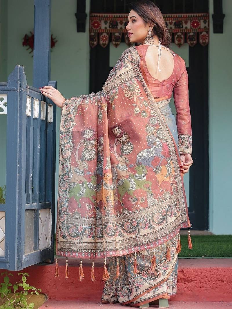 Grey ethnic motifs pure cotton handloom saree