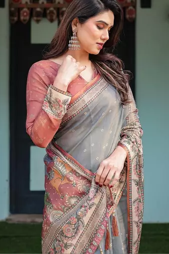 Grey ethnic motifs pure cotton handloom saree