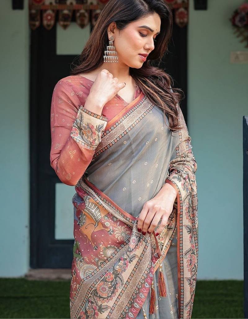 Grey ethnic motifs pure cotton handloom saree