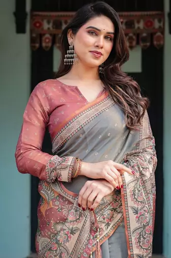 Grey ethnic motifs pure cotton handloom saree