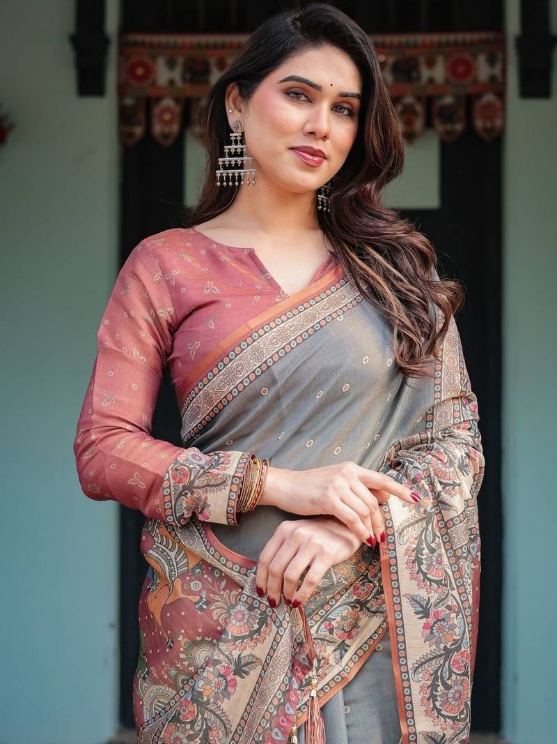 Grey ethnic motifs pure cotton handloom saree