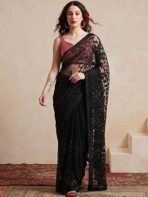 black embellished embroidered net designer saree 1
