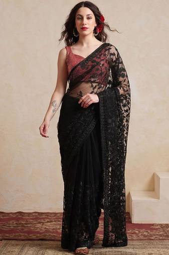 black embellished embroidered net designer saree
