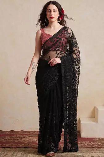 black embellished embroidered net designer saree