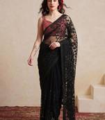black embellished embroidered net designer saree
