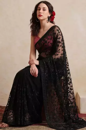black embellished embroidered net designer saree