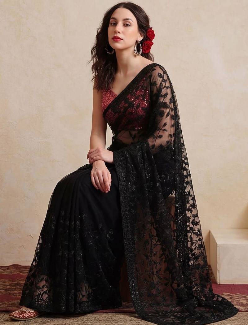 black embellished embroidered net designer saree