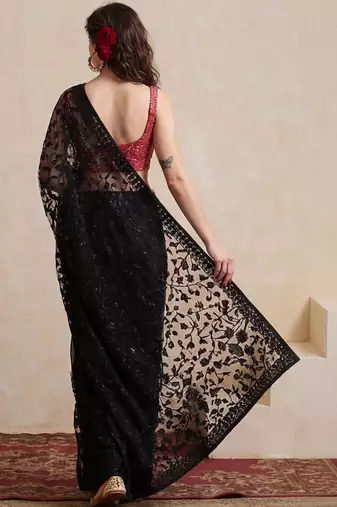black embellished embroidered net designer saree