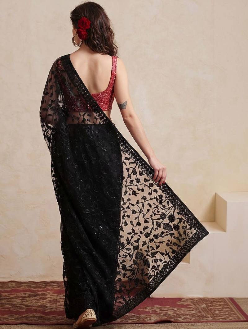 black embellished embroidered net designer saree