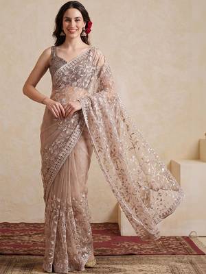 beige embellished embroidered net designer saree 1