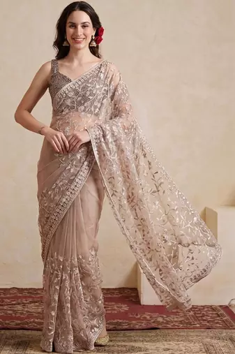 beige embellished embroidered net designer saree