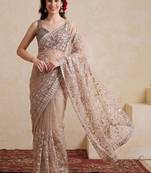 beige embellished embroidered net designer saree
