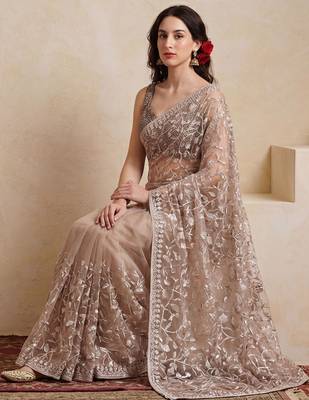 beige embellished embroidered net designer saree 2