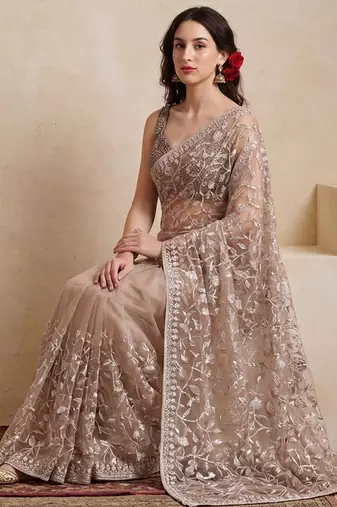 beige embellished embroidered net designer saree