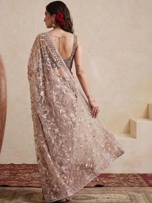 beige embellished embroidered net designer saree 3