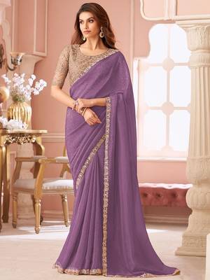 lavender sequinned pure georgette saree 1