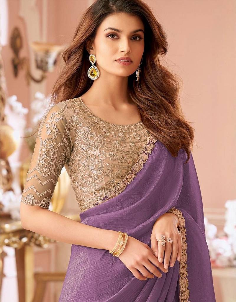 lavender sequinned pure georgette saree