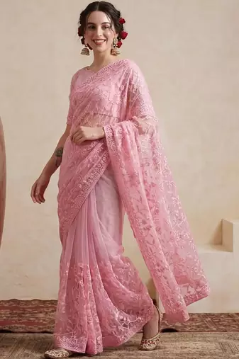 pink embellished embroidered net designer saree