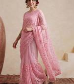 pink embellished embroidered net designer saree