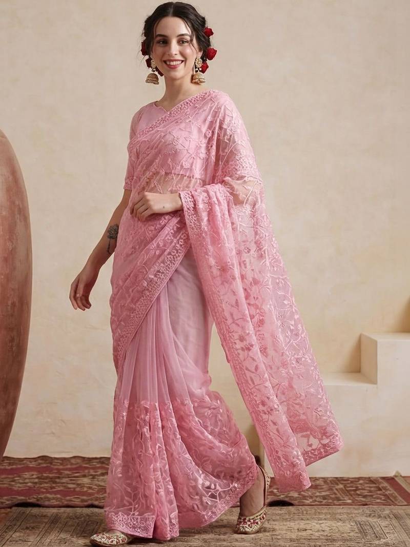 pink embellished embroidered net designer saree