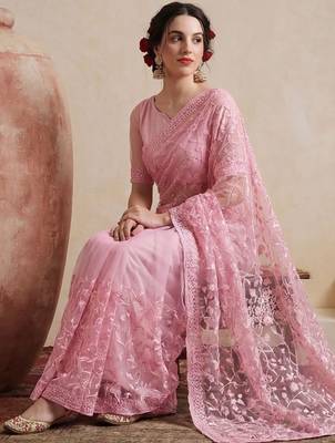 pink embellished embroidered net designer saree 2