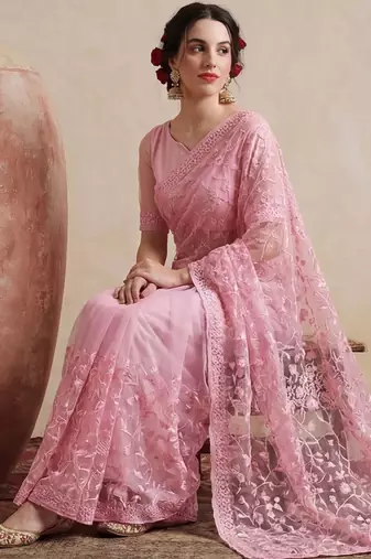 pink embellished embroidered net designer saree