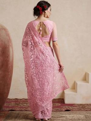 pink embellished embroidered net designer saree 3