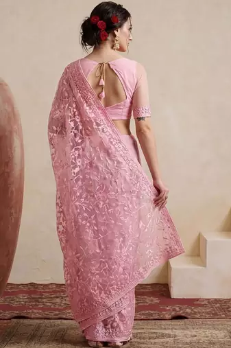 pink embellished embroidered net designer saree