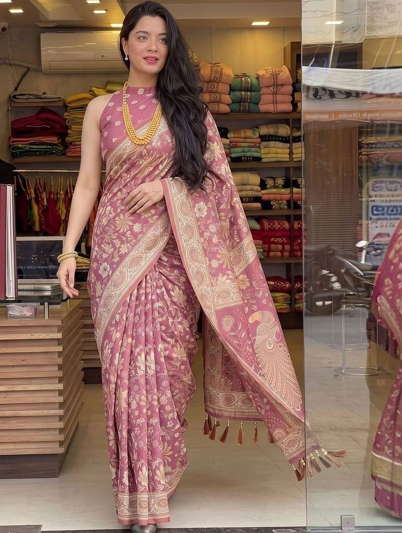 Pink floral pure cotton saree